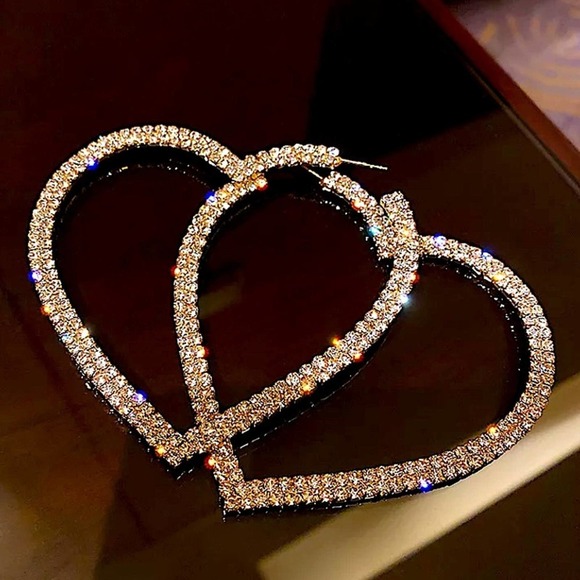 Diamond Oversized Gold Rhinestone Heart Hoop Earrings. Gold plated - Picture 9 of 11